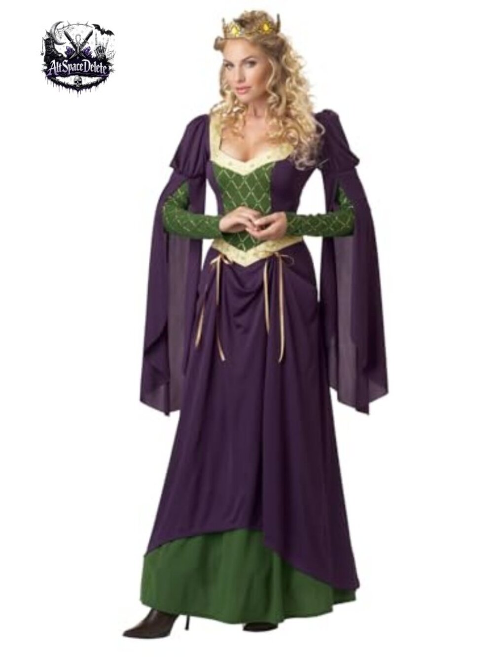 Lady in Waiting Costume Dress with Faux Underskirt and Crown, Adult Women
